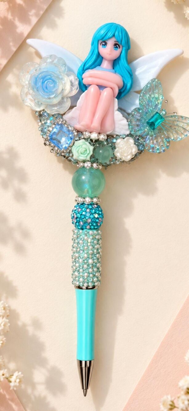 Turquoise Fairy Doll Pen, Butterfly Rhinestone Beaded Pen
